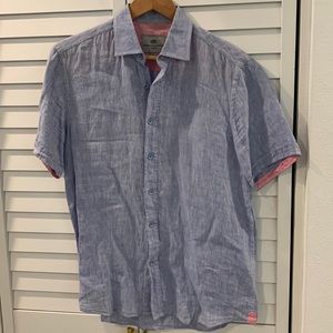 Blue Linen Button Down with Salmon Accents